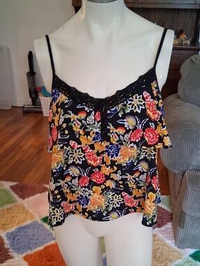 Black Floral Spaghetti-Strap Ruffle Tank Top